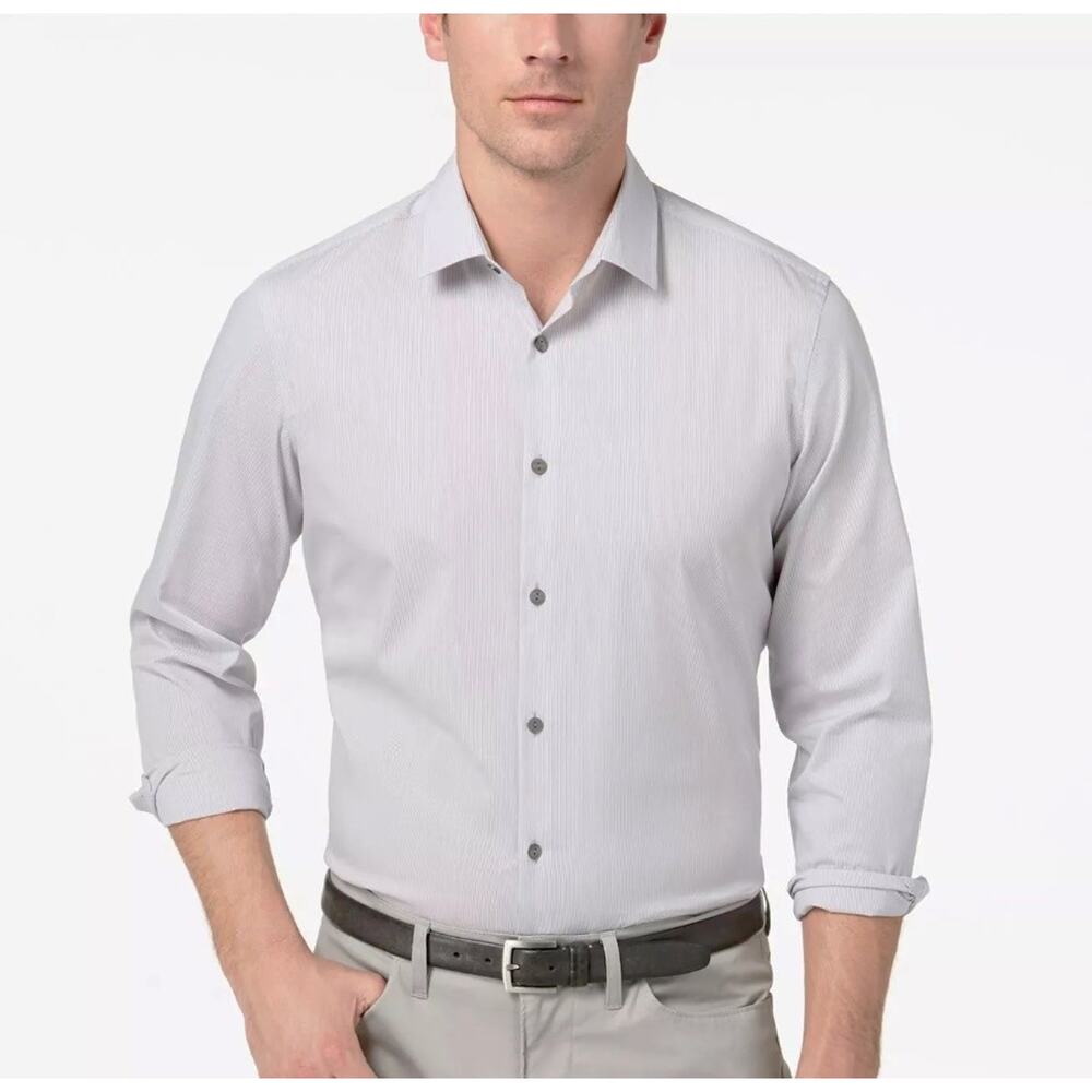 Alfani Men’s Smooth Silver Cotton Stretch Modern Stripe Dress Shirt Size XXL